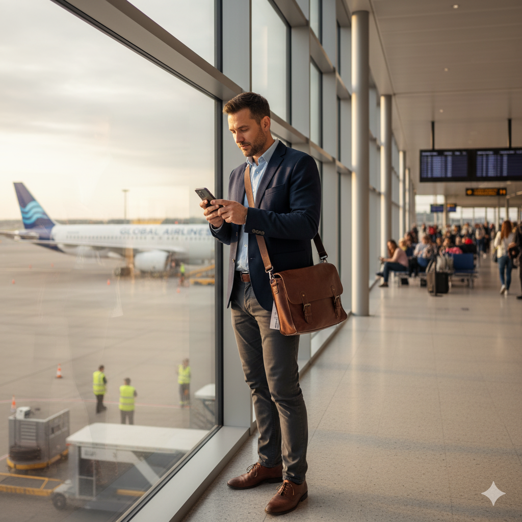 John at the airport checking his phone