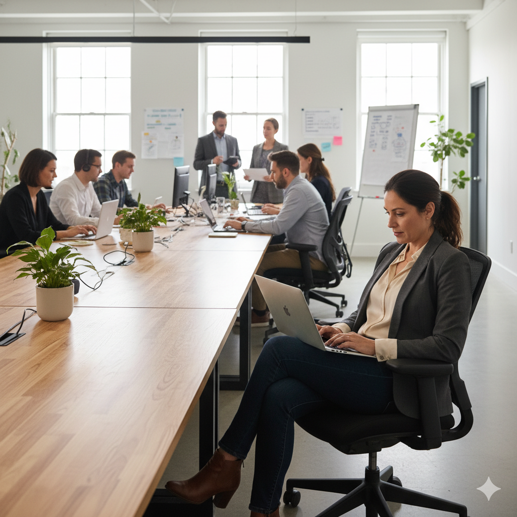 Jen working at her laptop